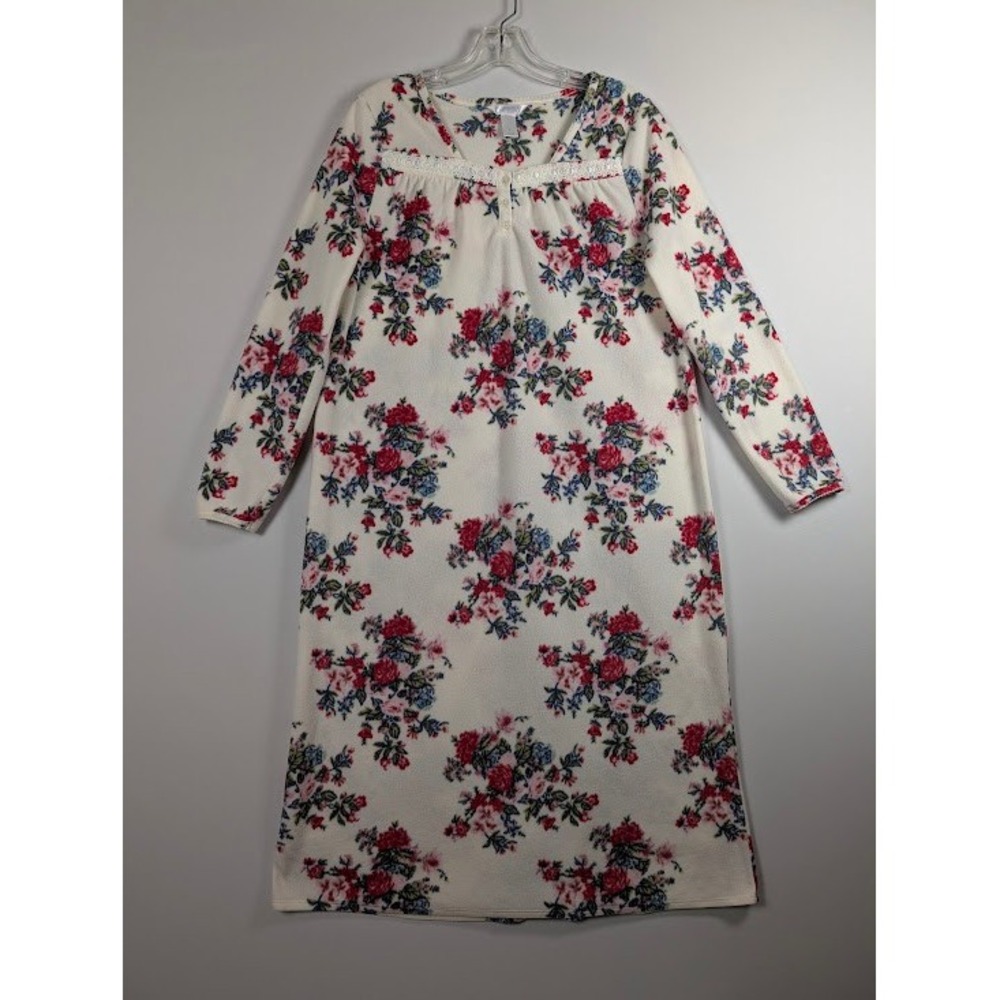 Adonna Long‎ Fleece Nightgown Size Small - Red Rose Floral Long Sleeve